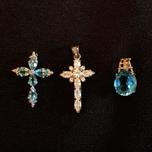 *Set of 3* Pendants, Gold Plated, Aquamarine & Cubic Zirconia, Cross Necklace